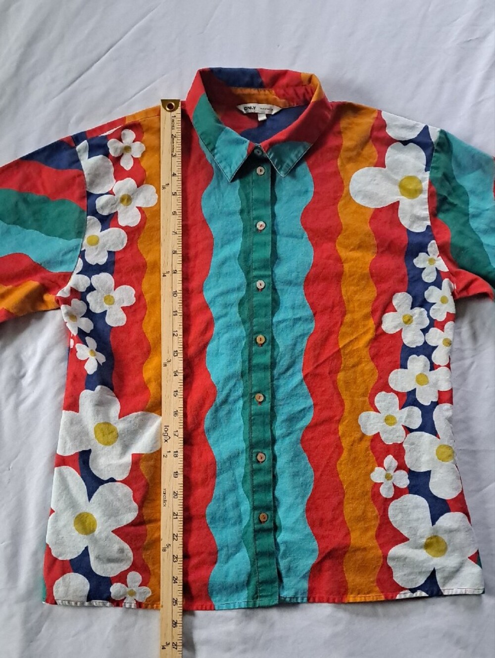 ONLY Multicolor Bold Floral Wave Print Button-Up Top Size L Funky Pop Art Boho - Picture 10 of 16